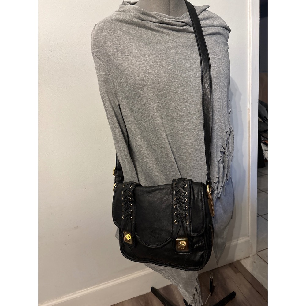 Unbranded Crossbody Bag Women Small Black Excellent Lace Up Gold Hardware Edgy